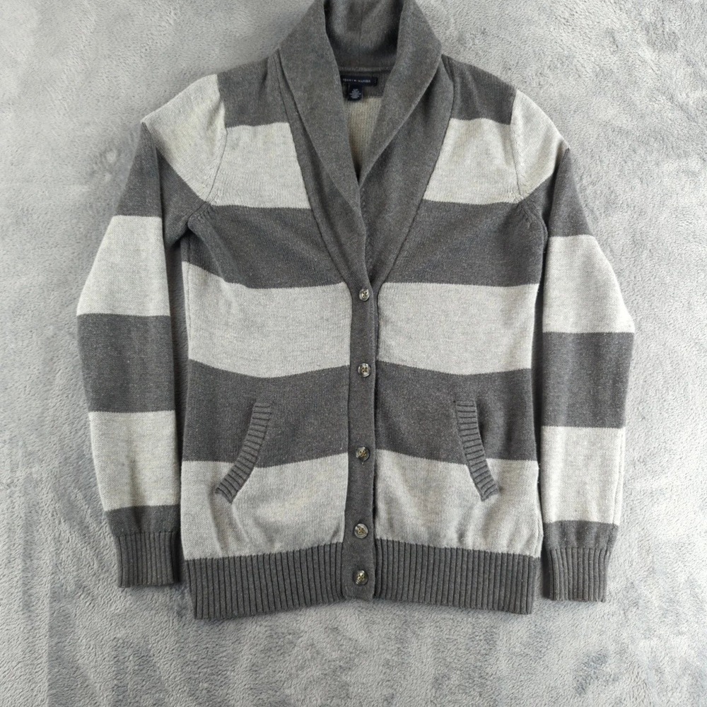 Tommy Hilfiger Cardigan Sweater Womens Small Gray Striped Shawl Collar Knit Logo